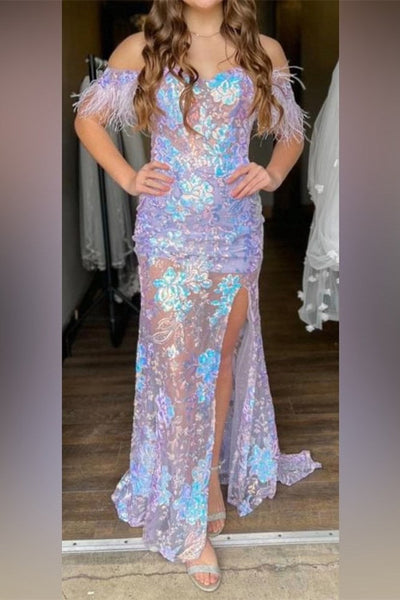 Orange Off-the-Shoulder Sequin Applique Mermaid Long Dress with Slit MD103008