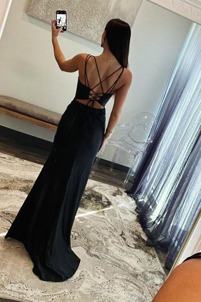 Mermaid V Neck Black Satin Beaded Long Prom Dresses MD4022201