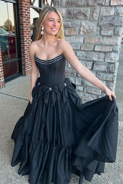 Cute Ball Gown Scoop Neck Black Satin Long Prom Dresses with Beading DM24101513
