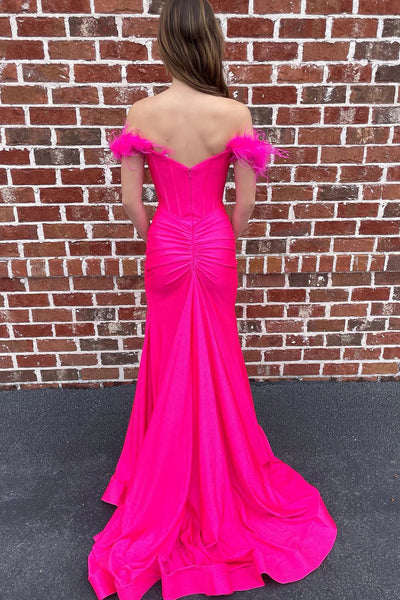 Off The Shoulder Hot Pink Mermaid Long Prom Dress with Feathers MD092312
