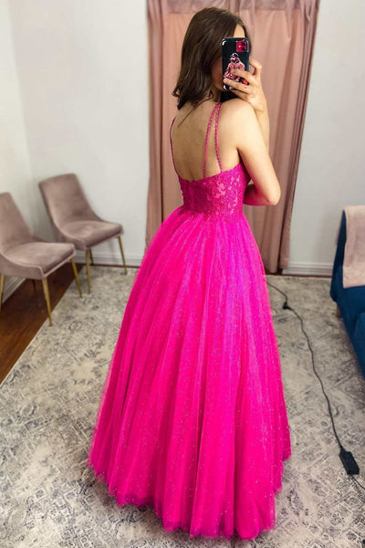 Fuchsia Tulle Lace V-Neck A-Line Long Prom Dress MD093007