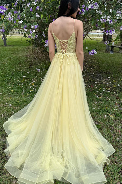 A-Line V Neck Yellow Tulle Long Prom Dresses with Appliques MD4012902
