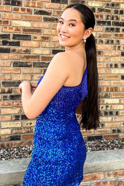Blue Sequin One-Shoulder Fringe Short Party Dress MD092103