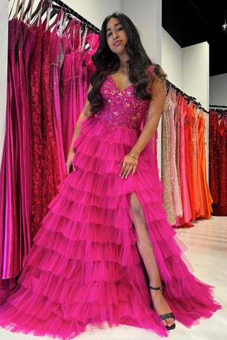 A-Line Fuchsia V Neck Ruffle Tiered Long Prom Dress with Slit MD4030601