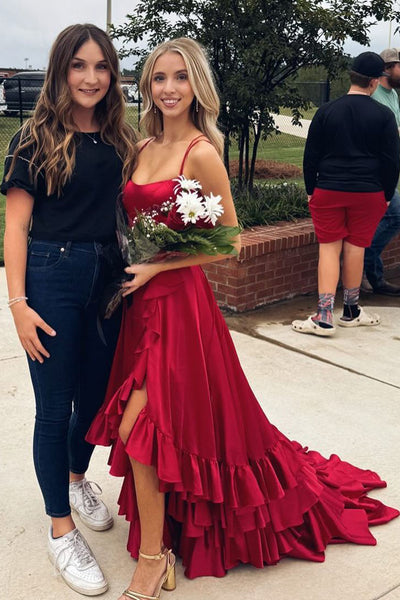 Charming A Line Scoop Neck Dark Red Satin Prom Dresses with Slit MD24091902