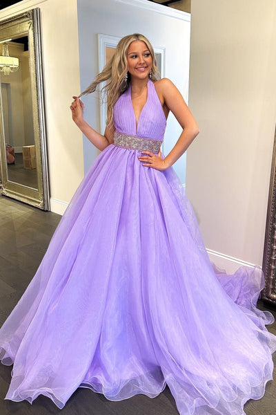 A-Line Halter Lilac Organza Long Prom Dresses with Beadings MD4013005