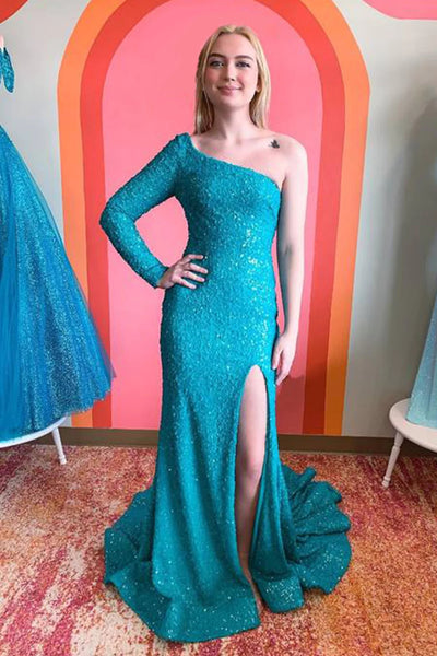 One Shouder Long Sleeves Sequins Mermaid Prom Dress with Slit MD092907