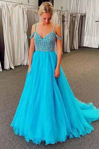 A Line Off the Shoulder Blue Long Prom Dress with Beading MD100207