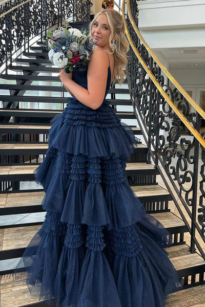 Navy Blue V Neck Ruffle Tiered Tulle Prom Dress with Slit MD4050802