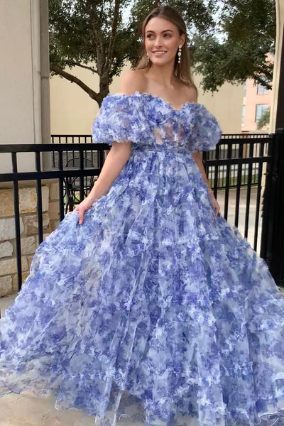 Navy Blue Print Puff Sleeve Ruffle A-Line Long Prom Dress MD122309