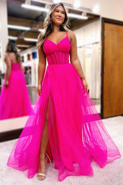 Fuchsia V-Neck Sheer Bodice A-Line Long Prom Dress with Slit MD112504