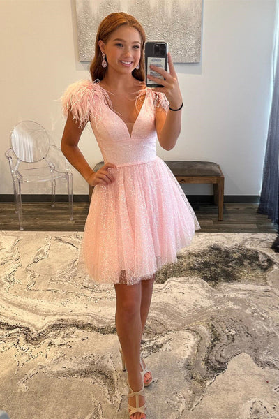 Pink A-line Tulle Deep V Neck Beaded Homecoming Dress with Feathers LD3062105