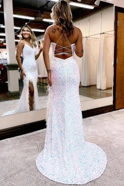 Sparkly Royal Blue Sequins Long Mermaid Prom Dress with Feathers MD092308