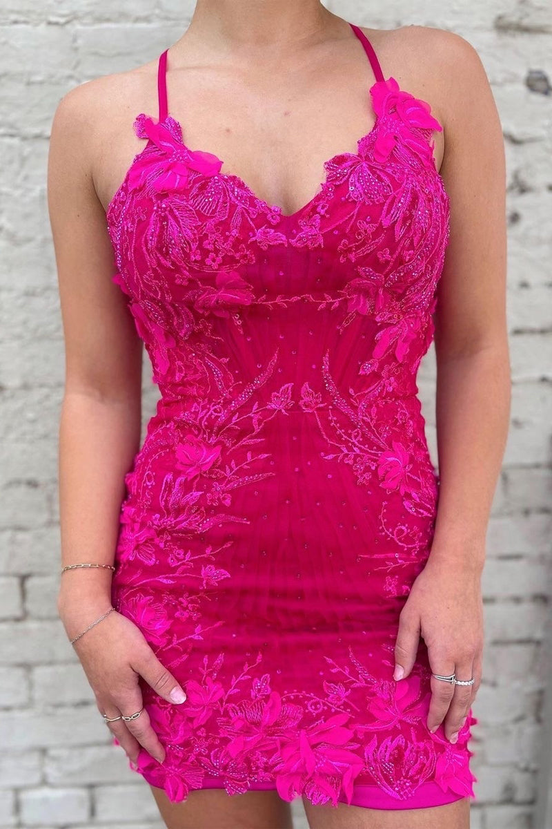 Hot Pink V Neck Bodycon Homecoming Dresses LD3062908