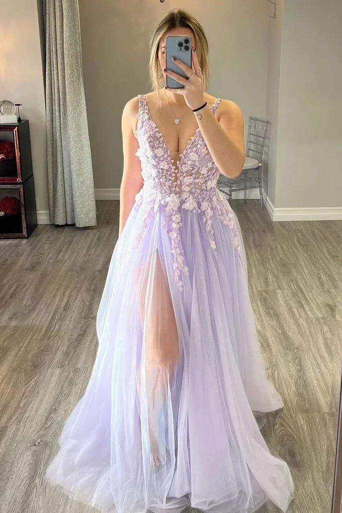 Charming A Line Deep V Neck Light Purple Long Prom Dress with Appliques  MD112301 – Dressmeet