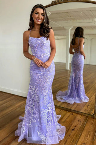 Mermaid Scoop Neck Lilac Sequin Lace Long Prom Dresses MD103105