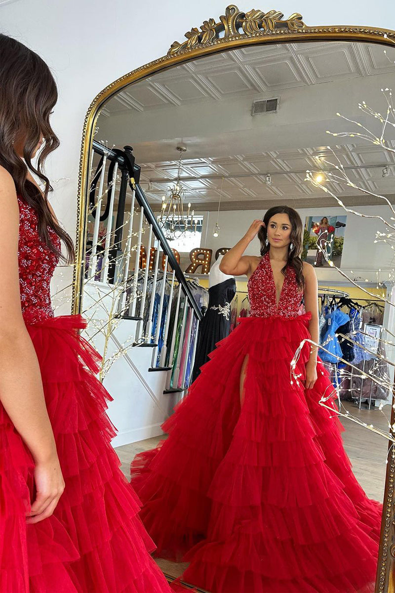 Halter Keyhole Ruffle Tiered Prom Dress with Slit main image 1