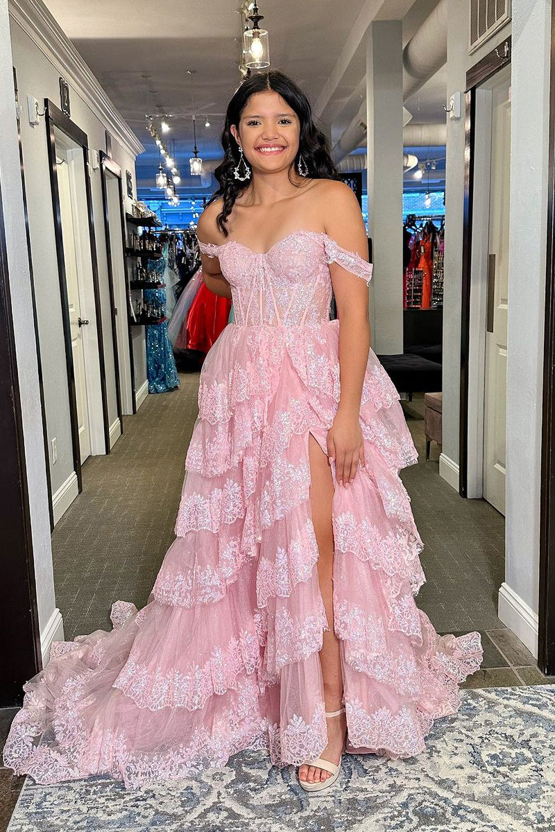 Plunge V Ruffle Tiered Long Prom Dress with Slit