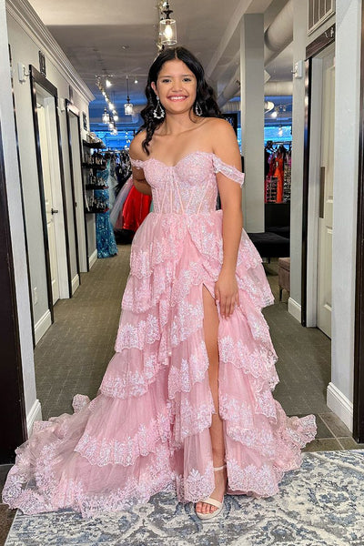 Pink Off the Shulder Tiered Tulle Lace Long Prom Dress with Slit MD120405