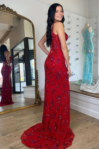 Stylish Mermaid Spaghetti Straps Red Corset Prom Dress with Split Front MD123106