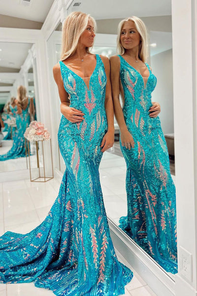 Unique Sparkly Mermaid V Neck Sequins Long Prom Dress MD101706