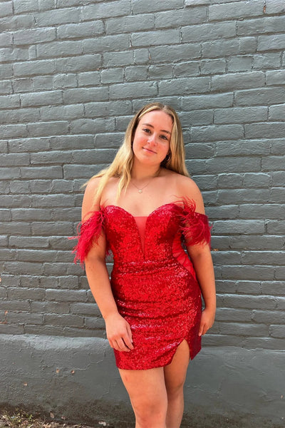 Red Plunging Off-the-Shoulder Sequins Homecoming Dress with Feathers MD090504