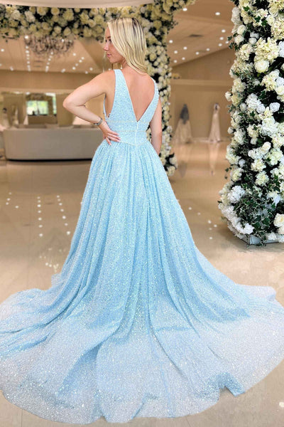 Plunging V Neck Light Blue Sequins A-Line Formal Dress Prom Gown MD110302