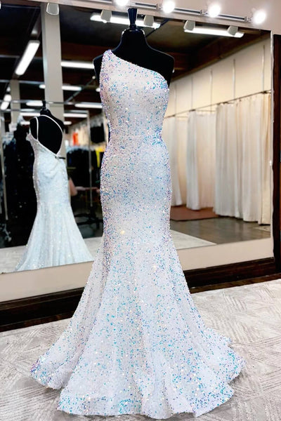Mermaid One Shoulder Pink Sequins Long Prom Dresses MD091510