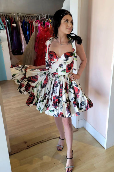 A-Line Sweetheart Floral Printed Short Homecoming Dress with Bow MD4050404