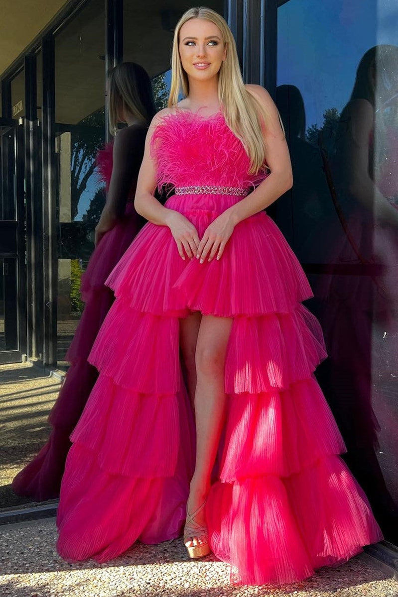 High-Low Hot Pink Strapless Feathers Prom Dress MD102903 – Dressmeet