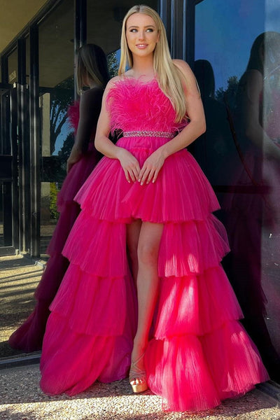 High-Low Hot Pink Strapless Feathers Prom Dress MD102903