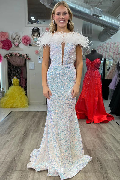 Off-the-Shoulder Pink Sequin Feathers Keyhole Long Dress MD102906