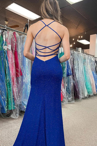 Royal Blue Beaded Prom Dress with Fringes MD092909