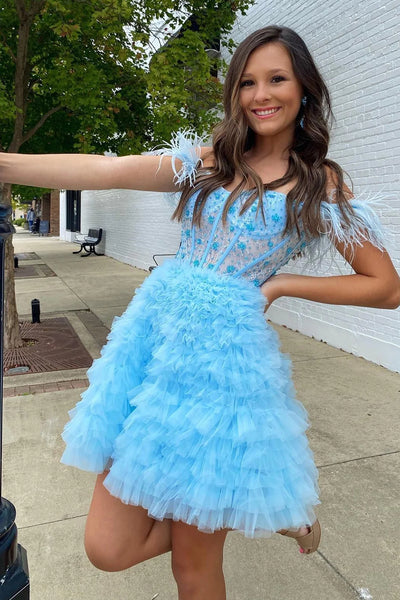 Sparkly Pink Corset A-Line Short Homecoming Dress with Feathers MD091703