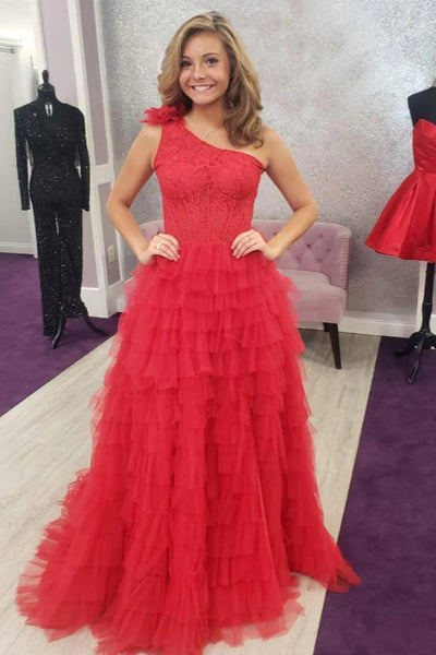 Black One Shoulder Corset Tiered Long Prom Dress with Ruffles MD092804