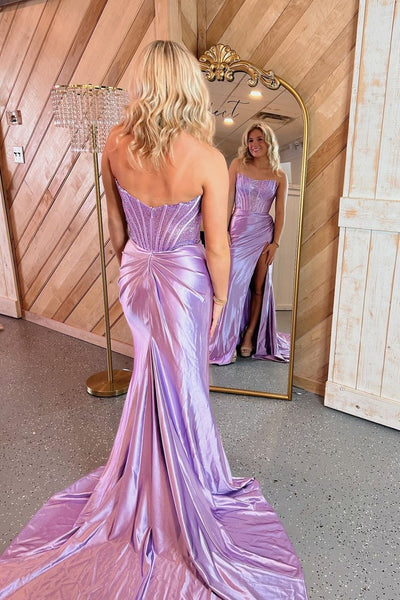 Sparkly Mermaid Strapless Lilac Satin Slit Prom Dresses with Beading