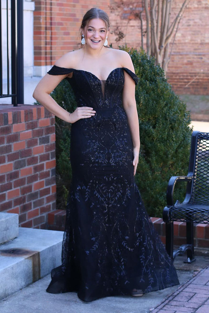 Glitter Mermaid Off the Shoulder Black Sequins Appliques Long Prom Dress  MD4022701 – Dressmeet