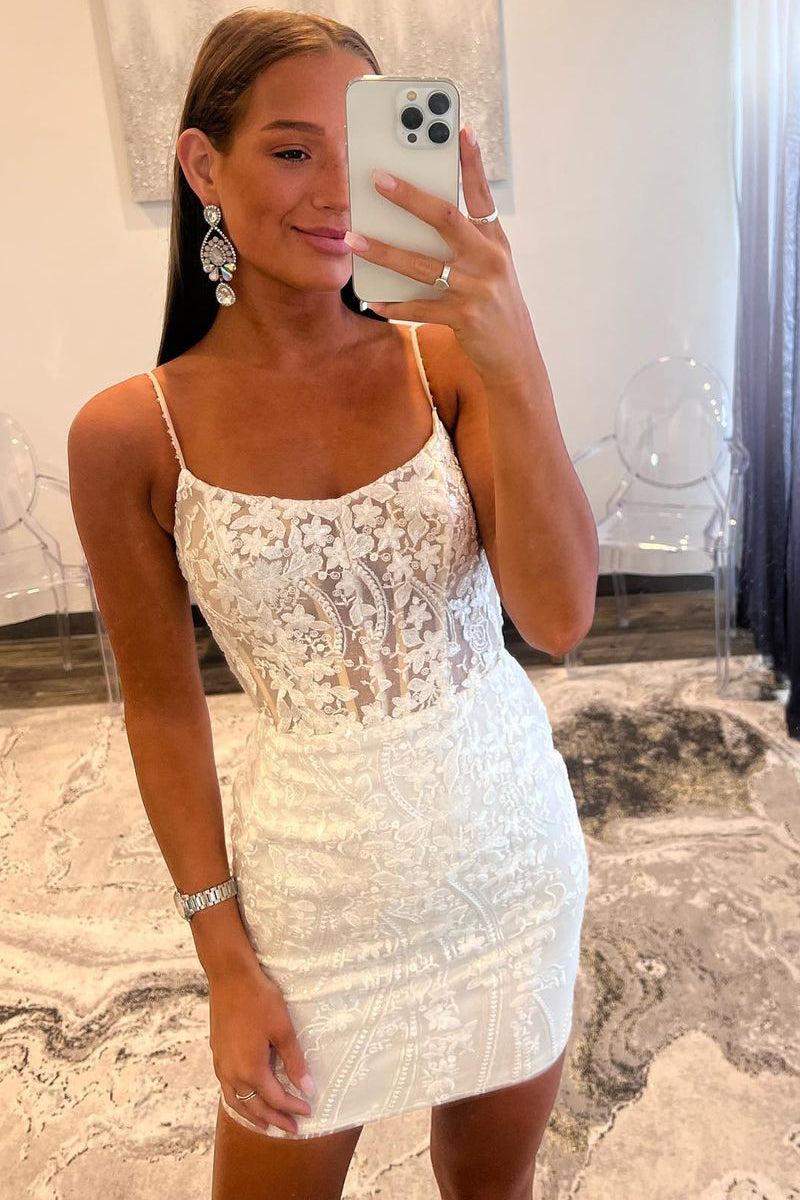 Cute Bodycon Scoop Neck White Lace Short Homecoming Dresses MD0802809 Dressmeet Cute Bodycon Scoop Neck White Lace Short Homecoming Dresses MD0802809 Dressmeet