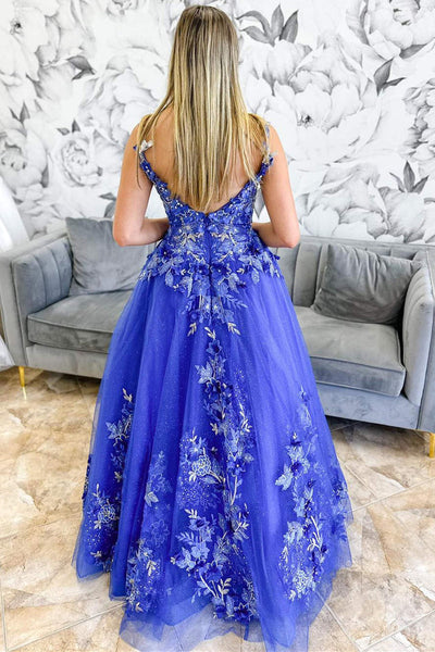 Periwinkle V-Neck Floral Embroidery A-Line Long Prom Dress MD112702