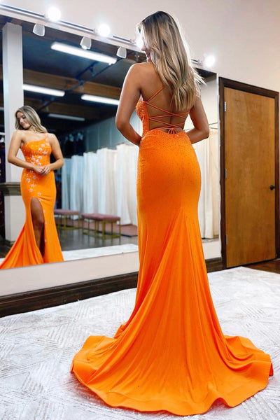 Mermaid One Shoulder Orange Sequins Long Prom Dresses MD100410