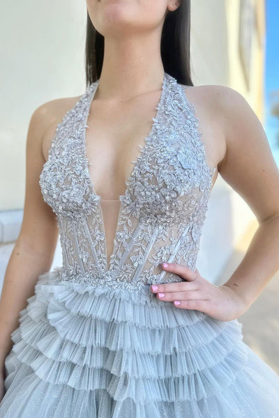 Grey Halter Tiered Tulle Long Prom Dresses with Appliques MD4011104