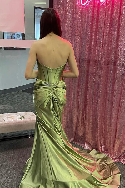 Sage Green Strapless Satin Mermaid Long Prom Dresses MD4012104