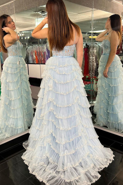 Blue Tiered Tulle Spaghetti Straps A-line Long Prom Dress MD121405
