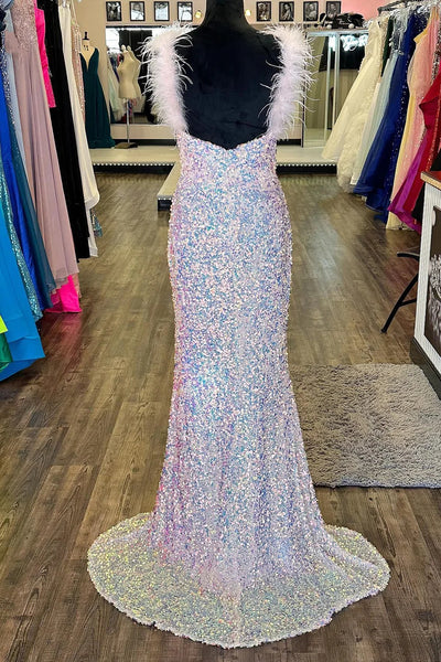 Sparkly White Mermaid Sequins Long Prom Dress with Feathers MD100309