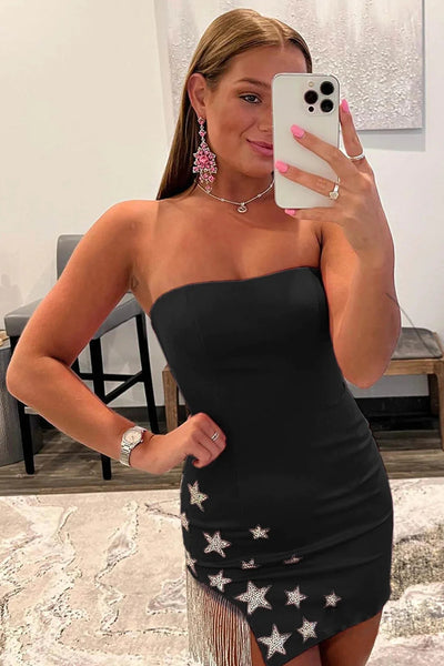Pink Strapless Tight Homecoming Dress with Star and Fringes LD3062107