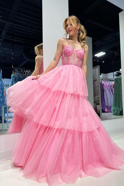 Pink Sweetheart Ruffle Tiered Tulle Prom Dress MD4050605