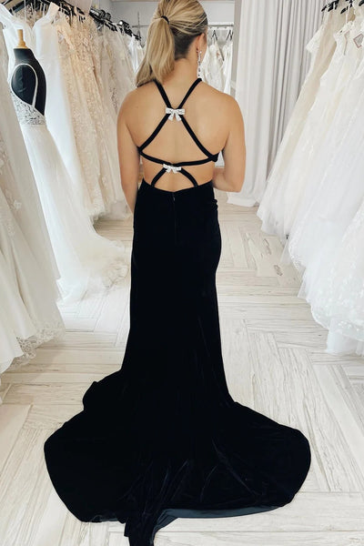 Black Velvet Halter Cutout Mermaid Long Formal Dress with Slit MD121607