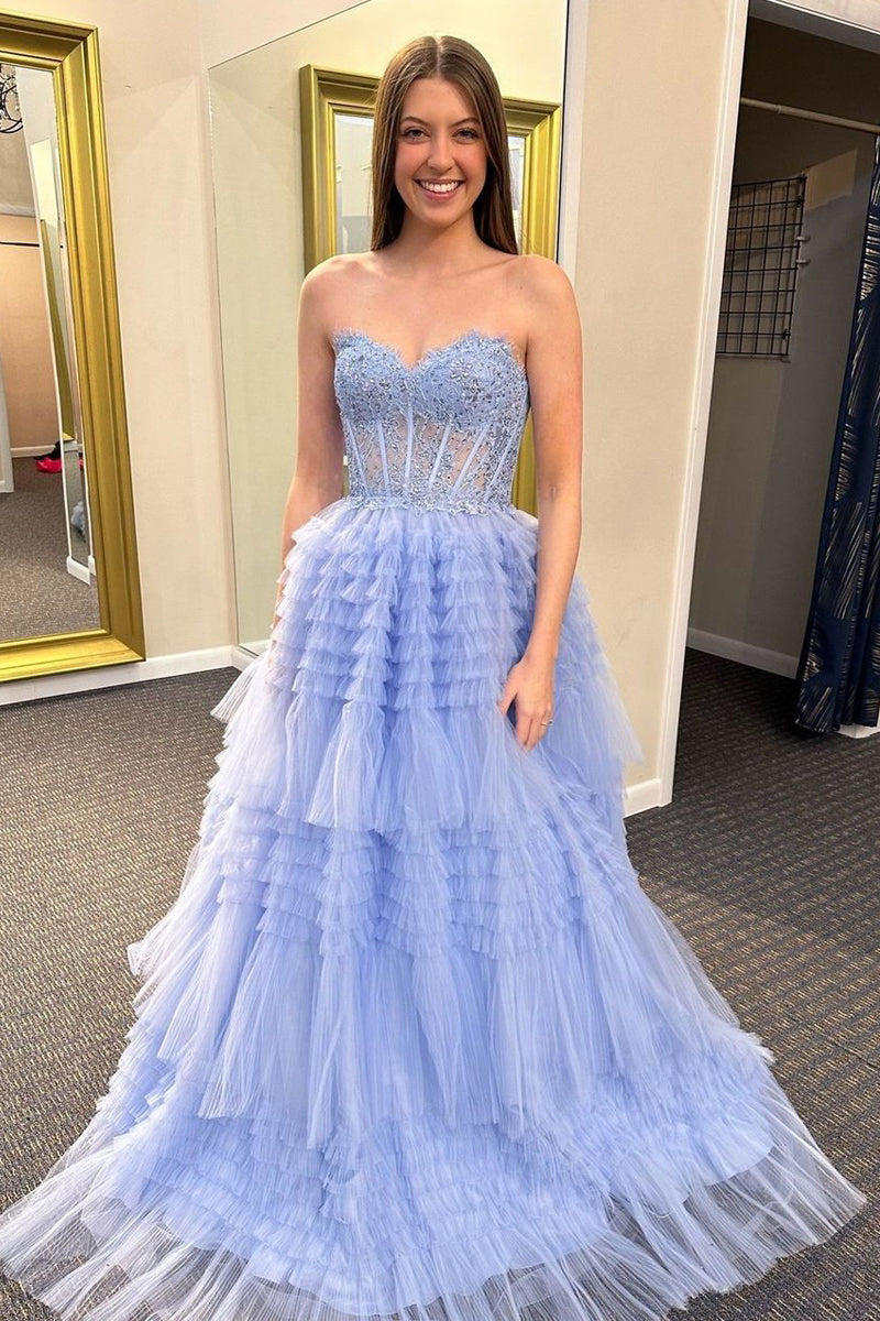 lavender blue prom dress Lavender A-Line Strapless Tulle Prom Dress with 3D Flowers, Lavender / 8