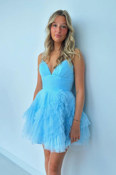 Cute Light Blue V Neck Tulle Short Homecoming Dresses DM091208