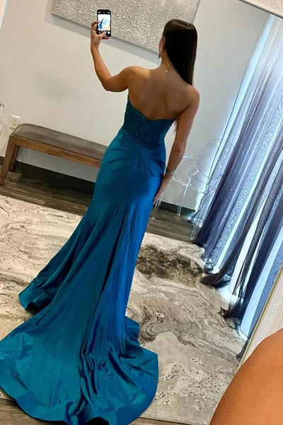 Blue Mermaid Sweetheart Long Corset Prom Dress with Slit MD4040905